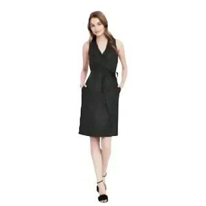 Banana Republic Women's Black Polyester Sleeveless Wrap Dress w Sash & Pockets